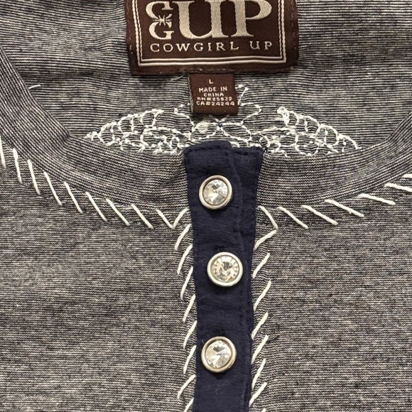 Cowgirl Up Gray Long Sleeve 3 Button Women's Top with Rhinestone Accents Large - Picture 10 of 10